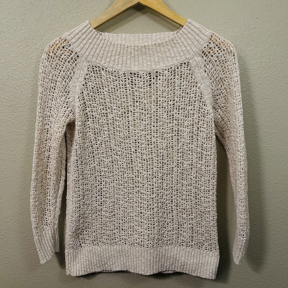 LOFT Open‎ Knit Cotton Blend Sweater Beige Natural Resort Wear Vacation Beach XS